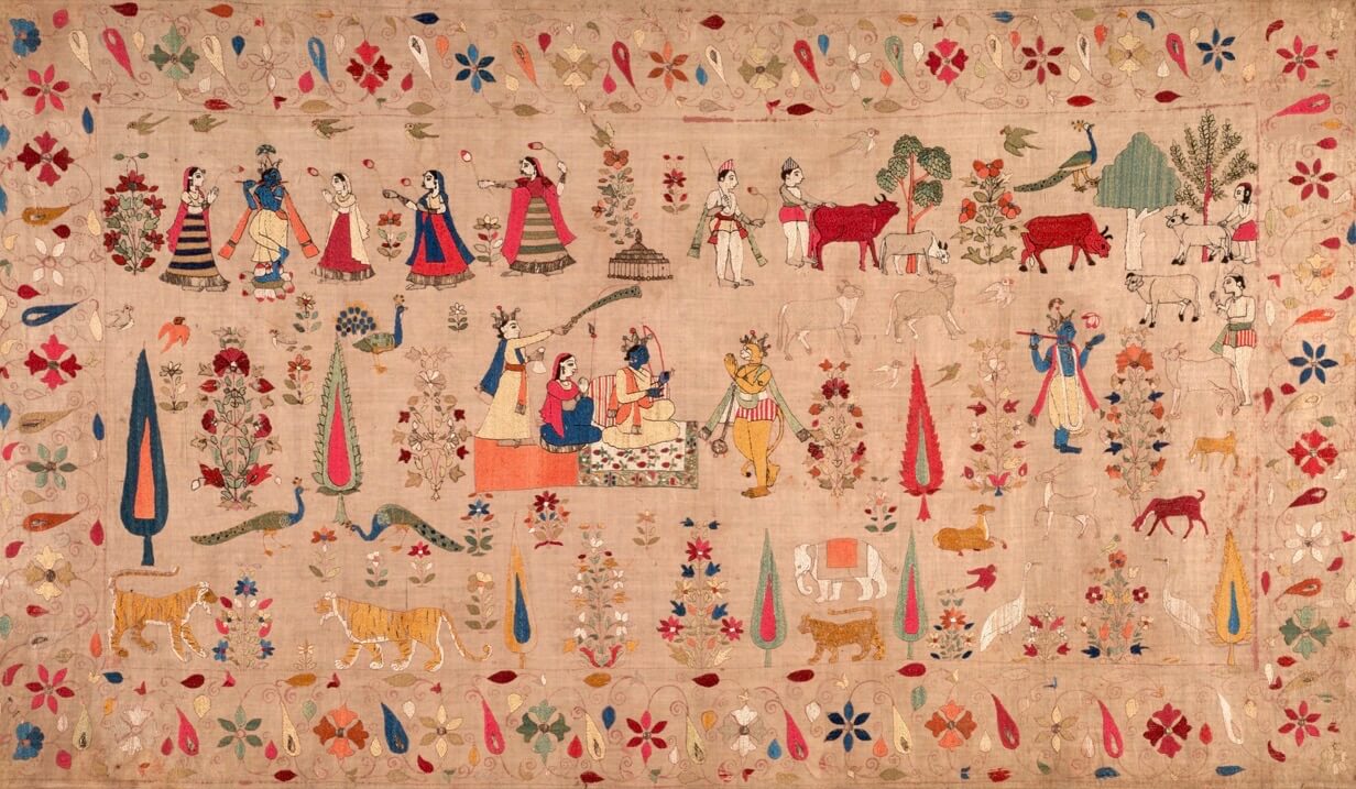 Krishna with Gopis, Ram Darbar, Cows & Mughal Florals — Vintage Embroidered Indian Art Print - Nakhrro