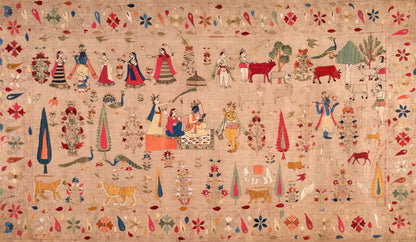 Krishna with Gopis, Ram Darbar, Cows & Mughal Florals — Vintage Embroidered Indian Art Print - Nakhrro