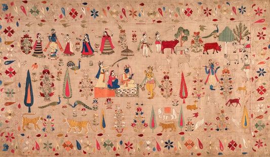Krishna with Gopis, Ram Darbar, Cows & Mughal Florals — Vintage Embroidered Indian Art Print - Nakhrro