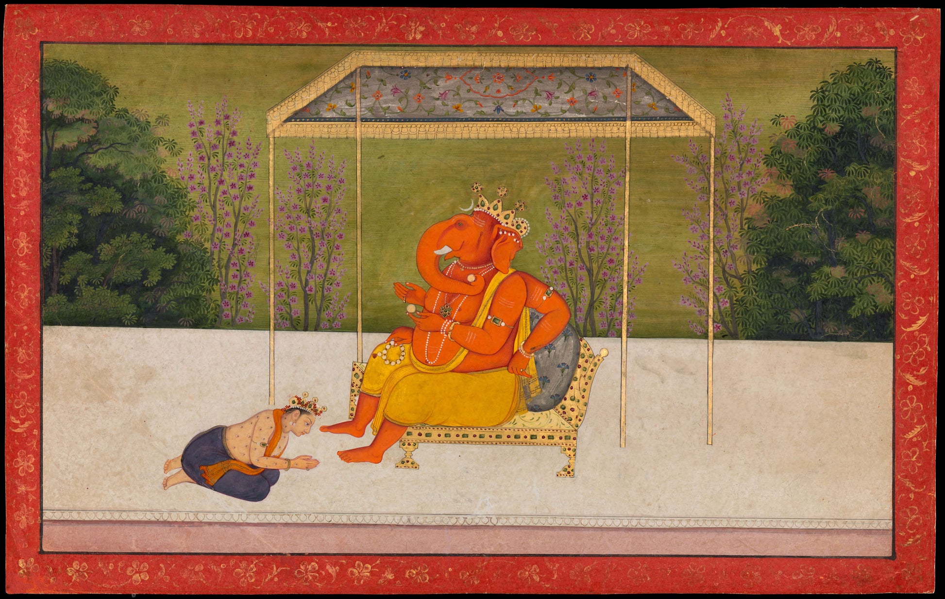 Lord Ganesha on Royal Throne — Vintage Pahari Miniature Art Print - Nakhrro