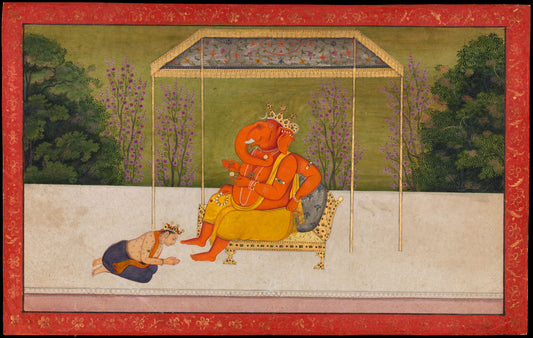 Lord Ganesha on Royal Throne — Vintage Pahari Miniature Art Print - Nakhrro