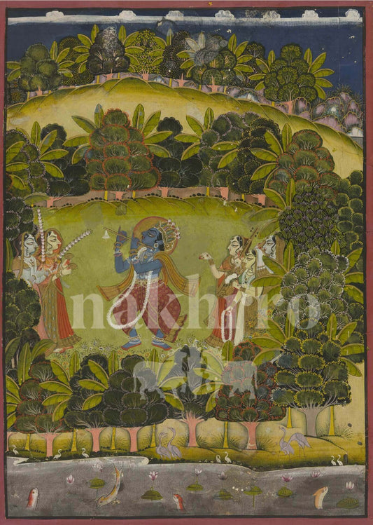 Krishna Playing the Flute in Vrindavan Nidhivan | Museum-Grade Indian Miniature Art Print
