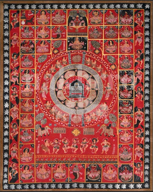 Red Jain Kalachakra Art | 24 Tirthankars in Circular Formation - Nakhrro