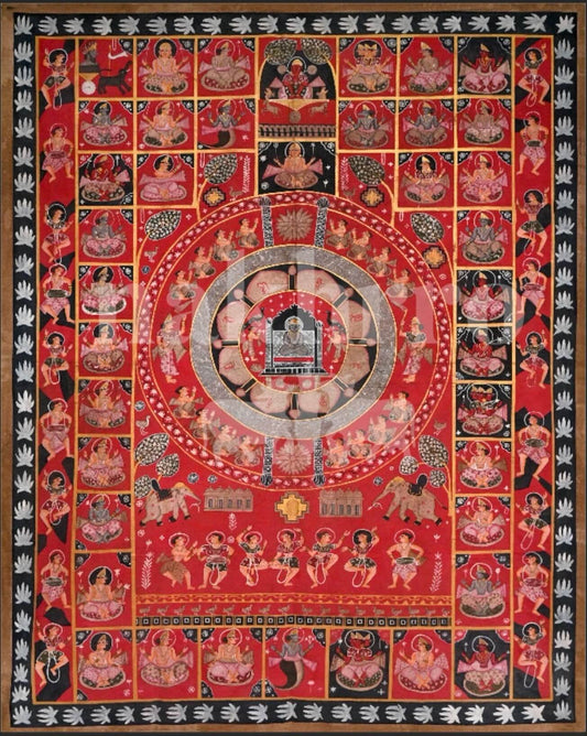 Red Jain Kalachakra Art | 24 Tirthankars in Circular Formation
