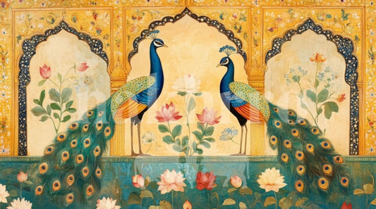Mughal Garden Peacock Around Lotus