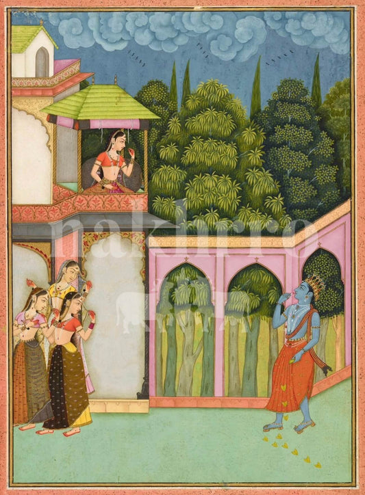 Traditional Indian miniature painting with characters in a garden setting