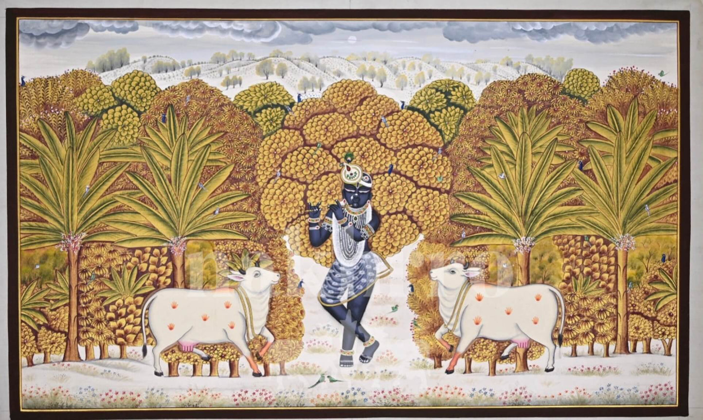 Krishna with Cows Pichwai | Museum-Grade Print of Venugopal in Marigold and Indigo | Pichwai Wall Art for Living Room - Nakhrro