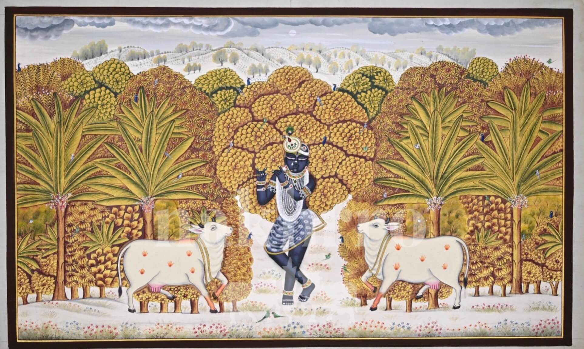 Krishna with Cows Pichwai | Museum-Grade Print of Venugopal in Marigold and Indigo | Pichwai Wall Art for Living Room - Nakhrro