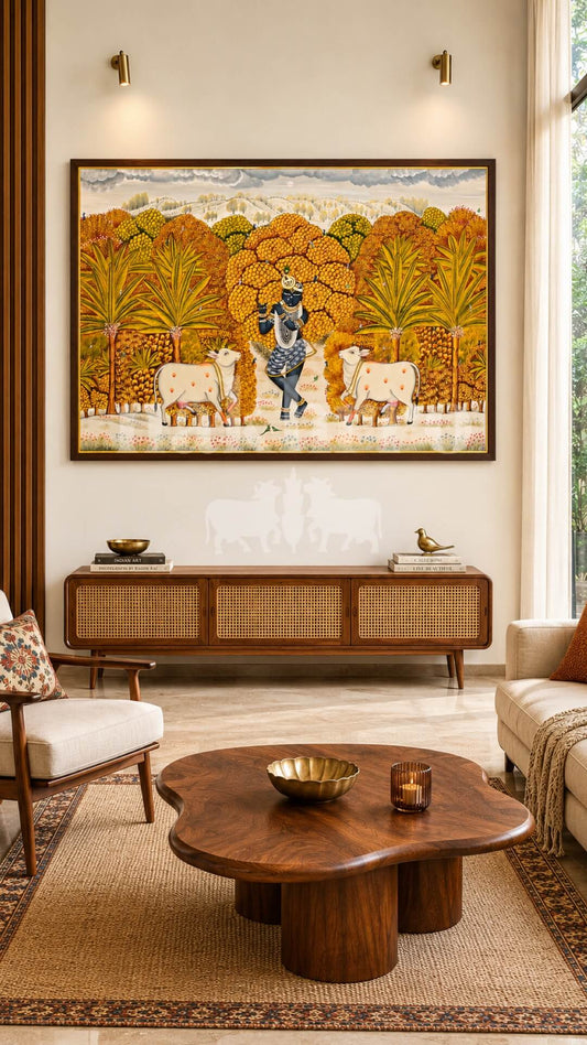 Krishna with Cows Pichwai | Museum-Grade Print of Venugopal in Marigold and Indigo | Pichwai Wall Art for Living Room - Nakhrro