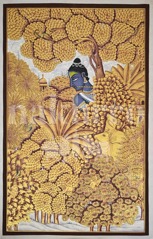 Set of 2 Krishna Pichwai | Gold and Monochrome Diptych | Museum-Grade Pichwai Wall Art for Living Room and Foyer - Nakhrro