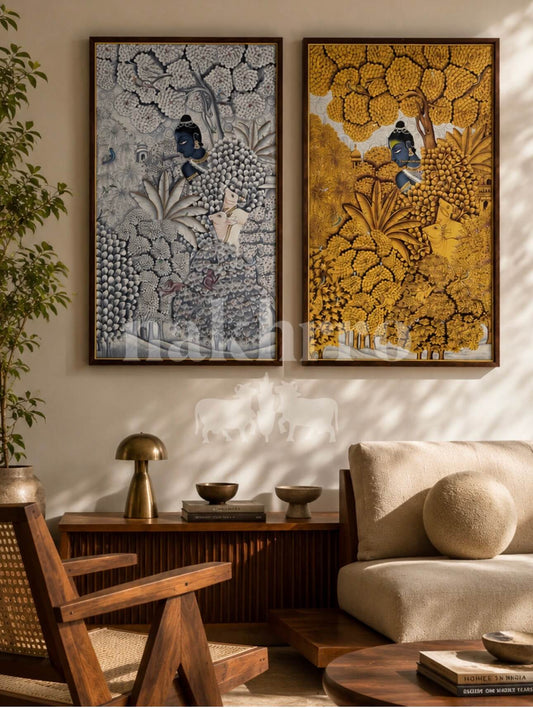 Set of 2 Krishna Pichwai | Gold and Monochrome Diptych | Museum-Grade Pichwai Wall Art for Living Room and Foyer