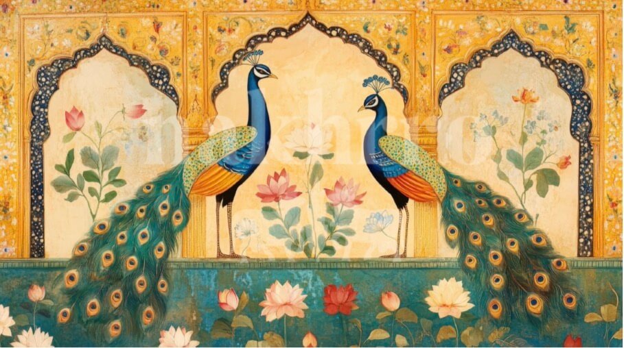 Royal Peacock Lotus | Indian Palace-Style Mural with Floral Motifs