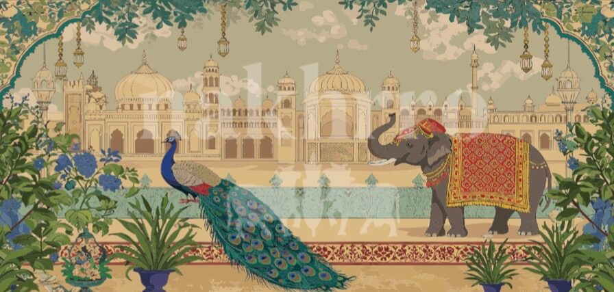 Peacock & Elephant Palace Museum-Grade Art Print | Indian Heritage Art