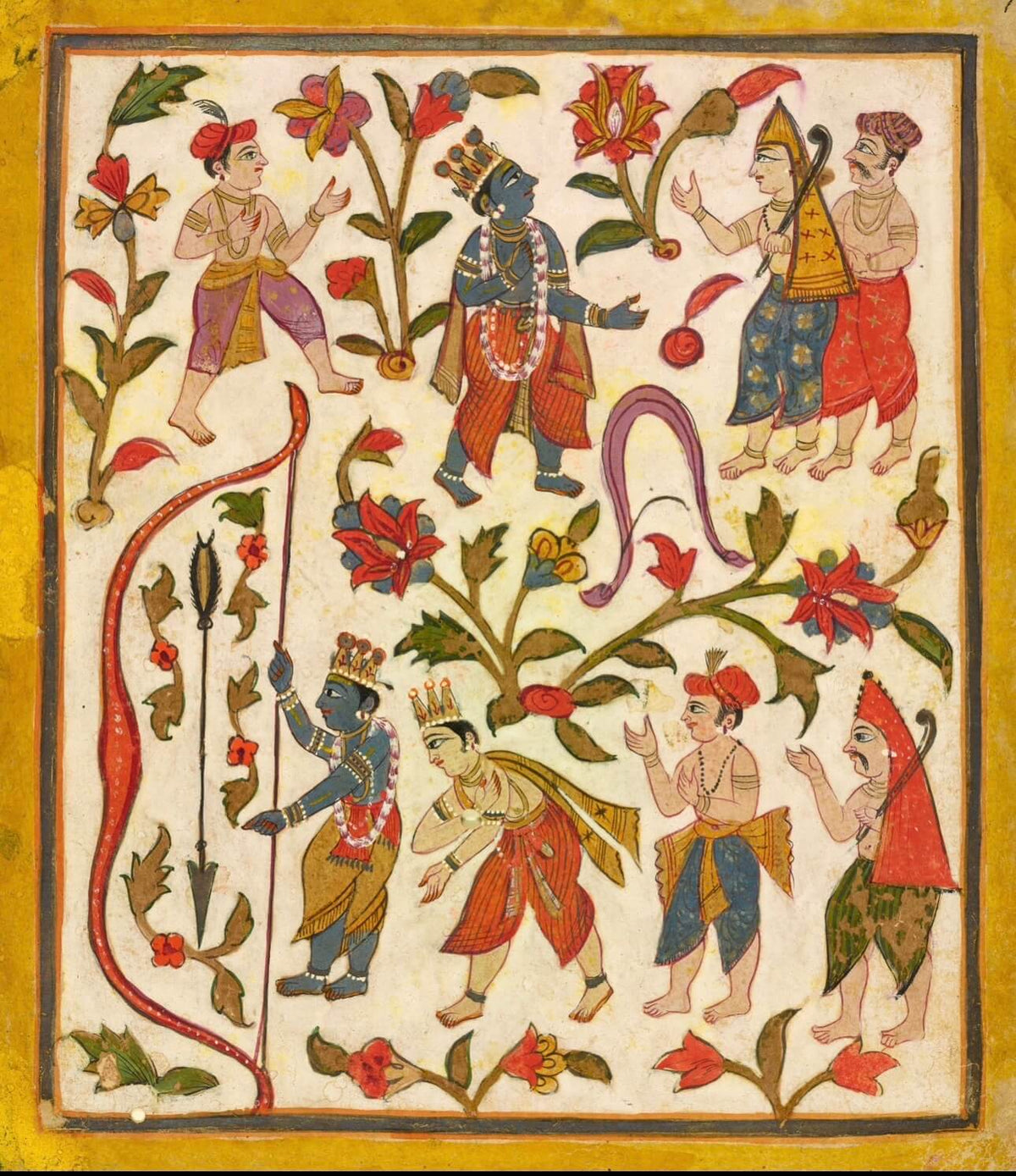 Ramayana Folio | Folk Indian Miniature Painting | Museum-Grade Print in Cream and Saffron for Study and Living Room