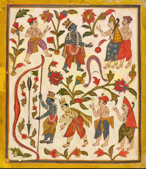Ramayana Folio | Folk Indian Miniature Painting | Museum-Grade Print in Cream and Saffron for Study and Living Room