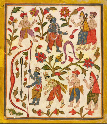 Ramayana Folio | Folk Indian Miniature Painting | Museum-Grade Print in Cream and Saffron for Study and Living Room
