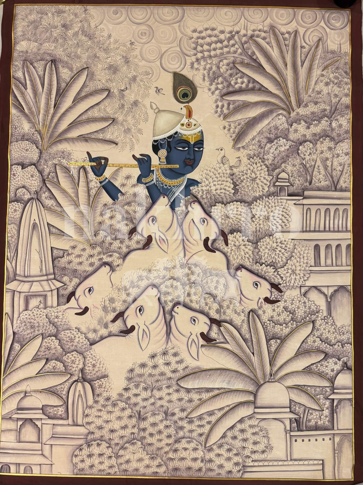 Krishna with Cows | Monochromatic Pichwai in Mauve and Indigo | Museum-Grade Pichwai Print for Foyer and Living Room - Nakhrro