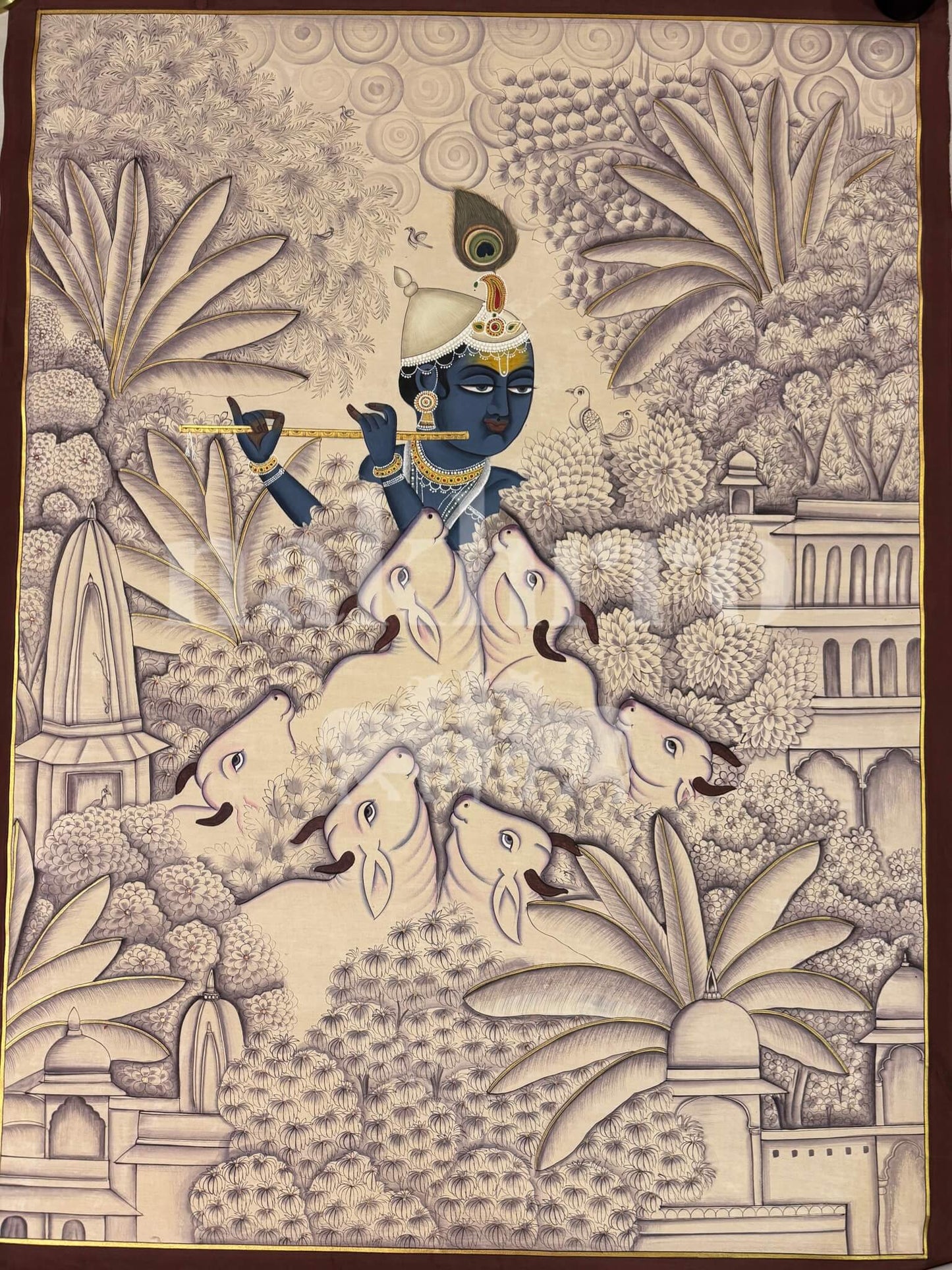 Krishna with Cows | Monochromatic Pichwai in Mauve and Indigo | Museum-Grade Pichwai Print for Foyer and Living Room