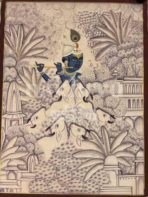 Krishna with Cows | Monochromatic Pichwai in Mauve and Indigo | Museum-Grade Pichwai Print for Foyer and Living Room - Nakhrro
