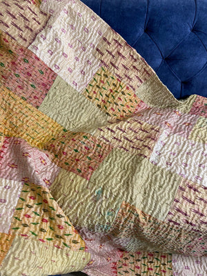 Cream Patchwork Hand Embroidered Silk Bedspread - Nakhrro