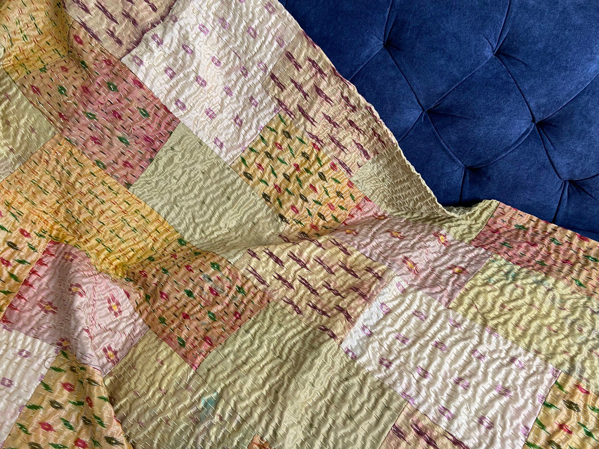 Cream Patchwork Hand Embroidered Silk Bedspread - Nakhrro