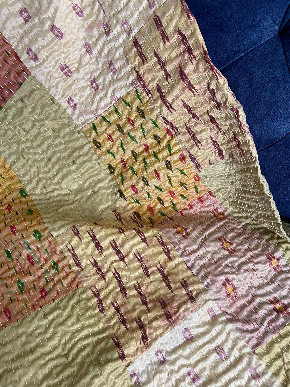 Cream Patchwork Hand Embroidered Silk Bedspread - Nakhrro