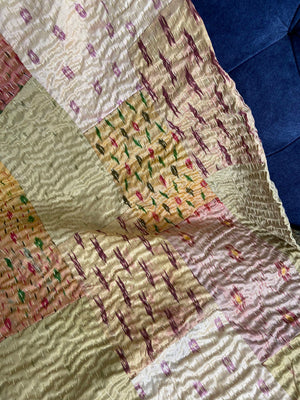 Cream Patchwork Hand Embroidered Silk Bedspread - Nakhrro