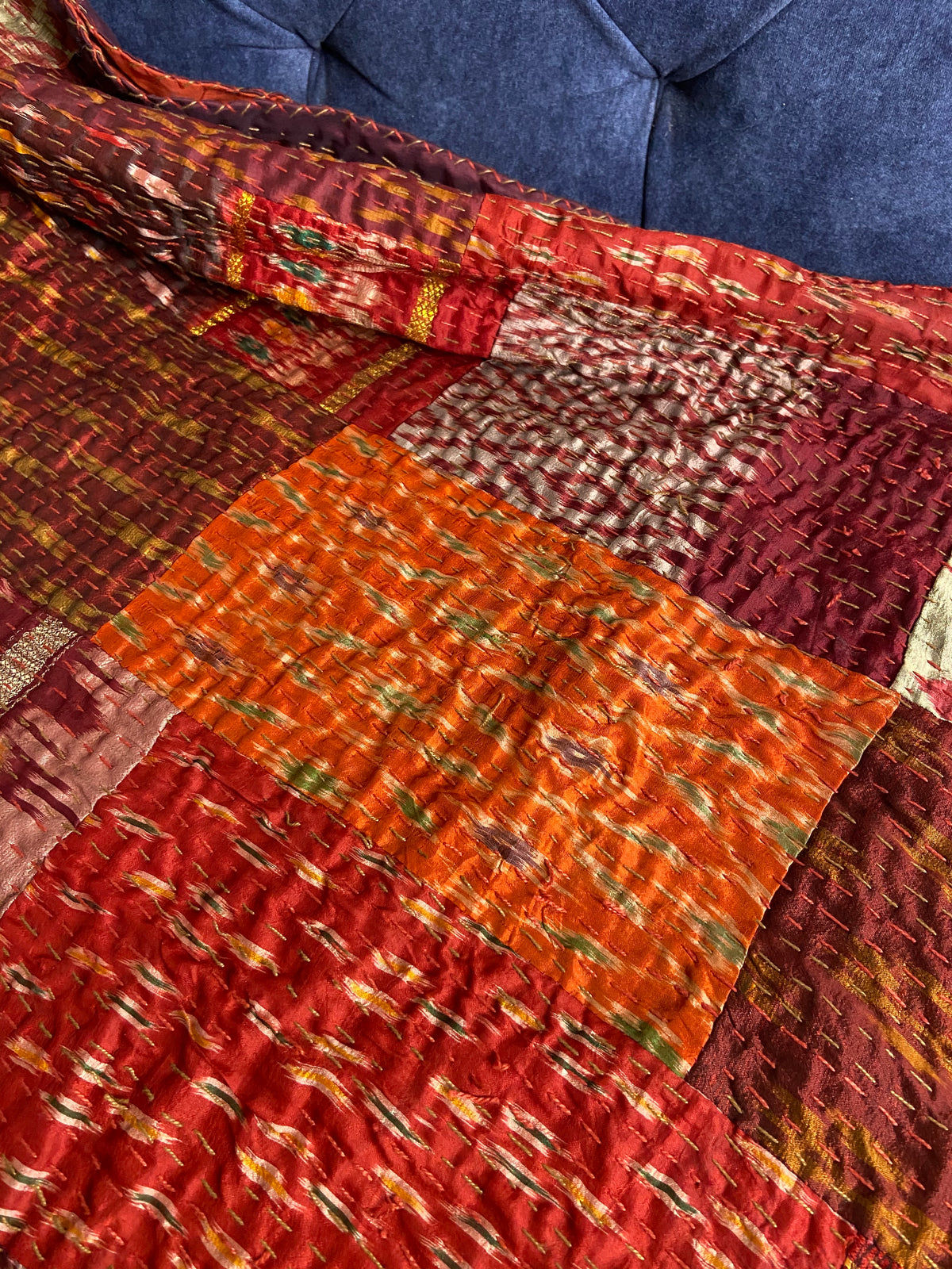Maroon Silk Patchwork Hand Embroidered Bedspread - Nakhrro