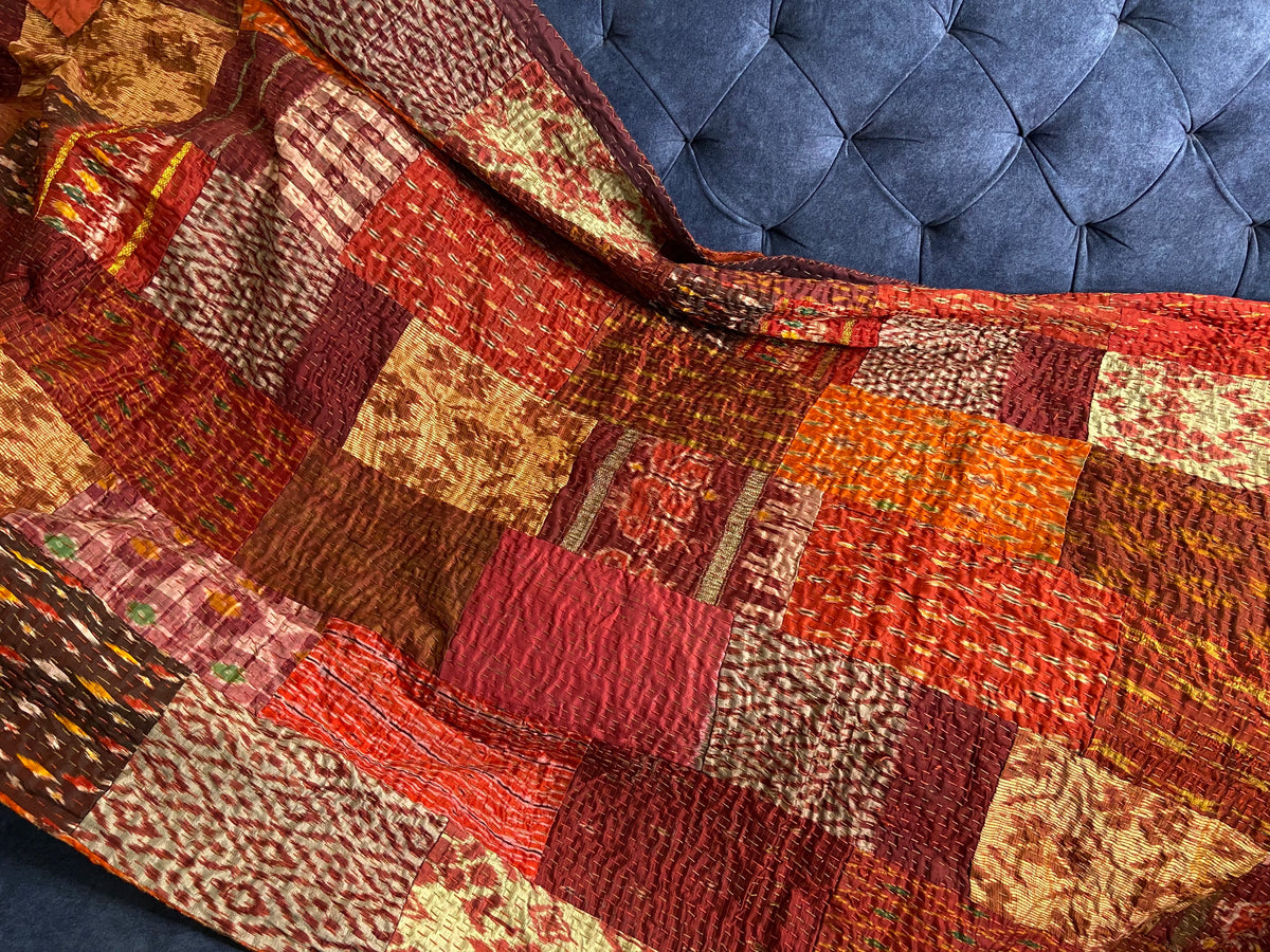 Maroon Silk Patchwork Hand Embroidered Bedspread - Nakhrro