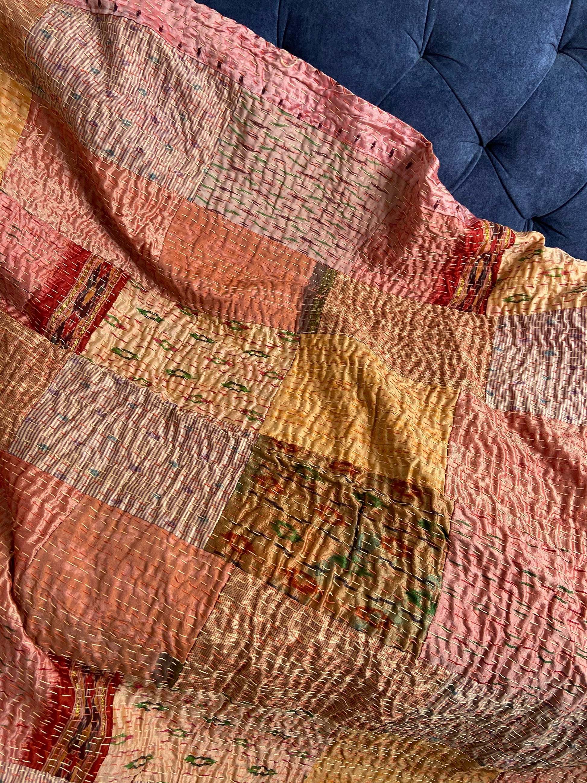 Salmon Pink Patchwork Hand Embroidered Silk Bedspread - Nakhrro
