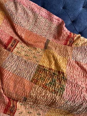 Salmon Pink Patchwork Hand Embroidered Silk Bedspread - Nakhrro