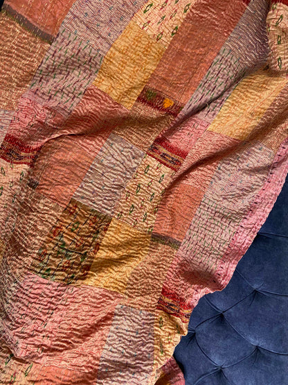 Salmon Pink Patchwork Hand Embroidered Silk Bedspread - Nakhrro