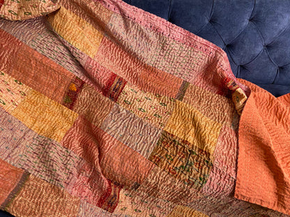 Salmon Pink Patchwork Hand Embroidered Silk Bedspread - Nakhrro