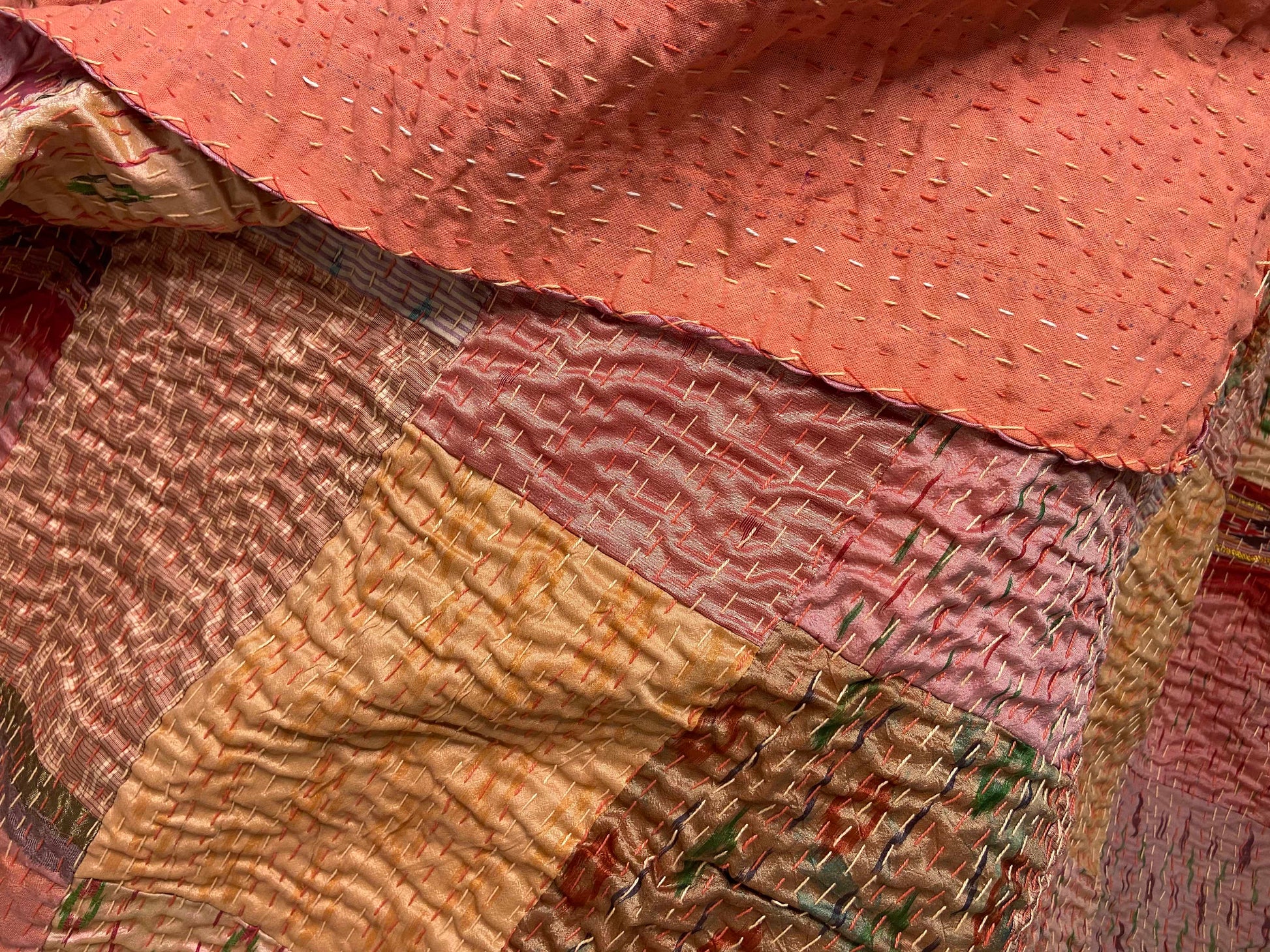 Salmon Pink Patchwork Hand Embroidered Silk Bedspread - Nakhrro