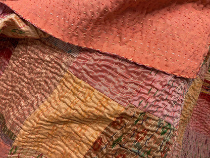 Salmon Pink Patchwork Hand Embroidered Silk Bedspread - Nakhrro