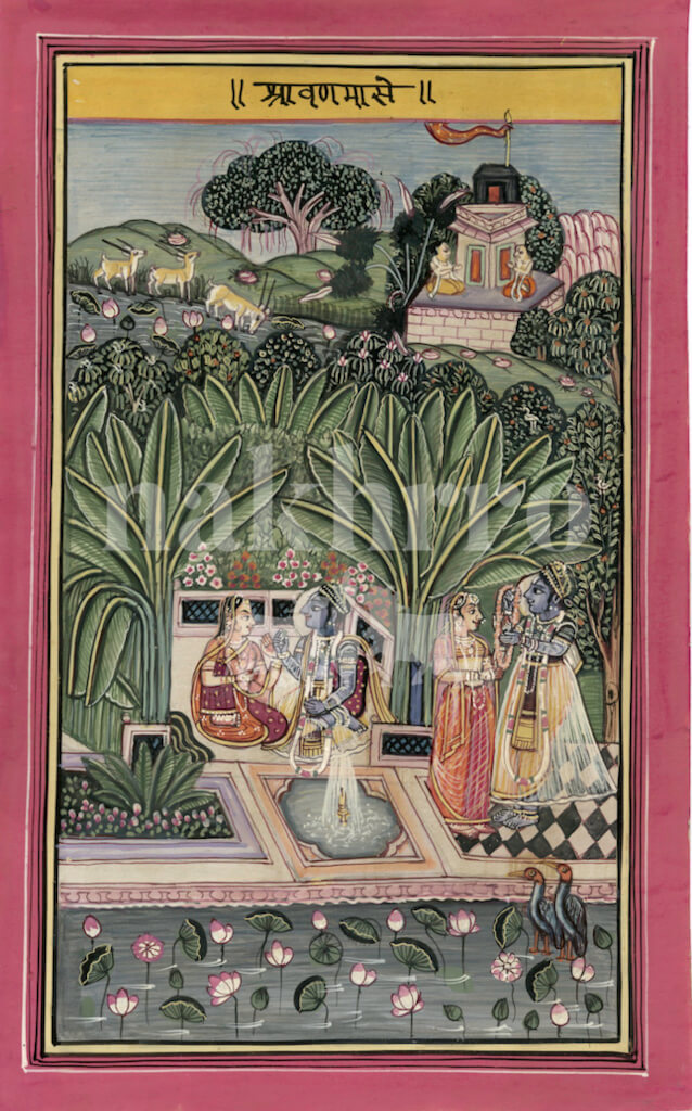 Barahmaas Shravana Month Museum-Grade Print | Lush Monsoon Krishna Miniature Art