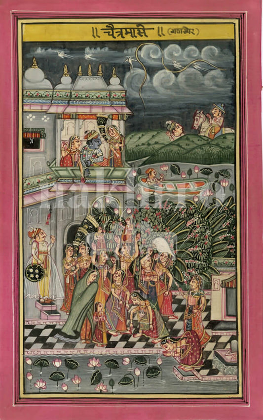 Barahmaas Chaitra Month Museum-Grade Print | Spring Krishna Miniature Art
