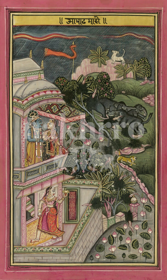 Barahmaas Ashadha Month Museum-Grade Print | Monsoon Krishna Miniature Art