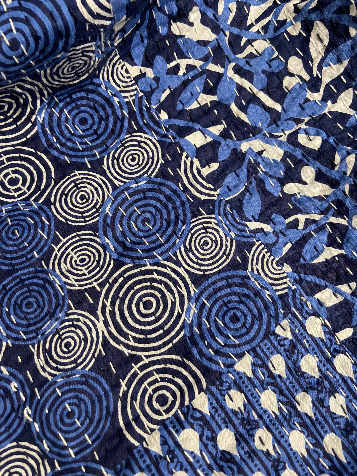 Blue Geometric Embroidered Kantha Bedspread - Nakhrro