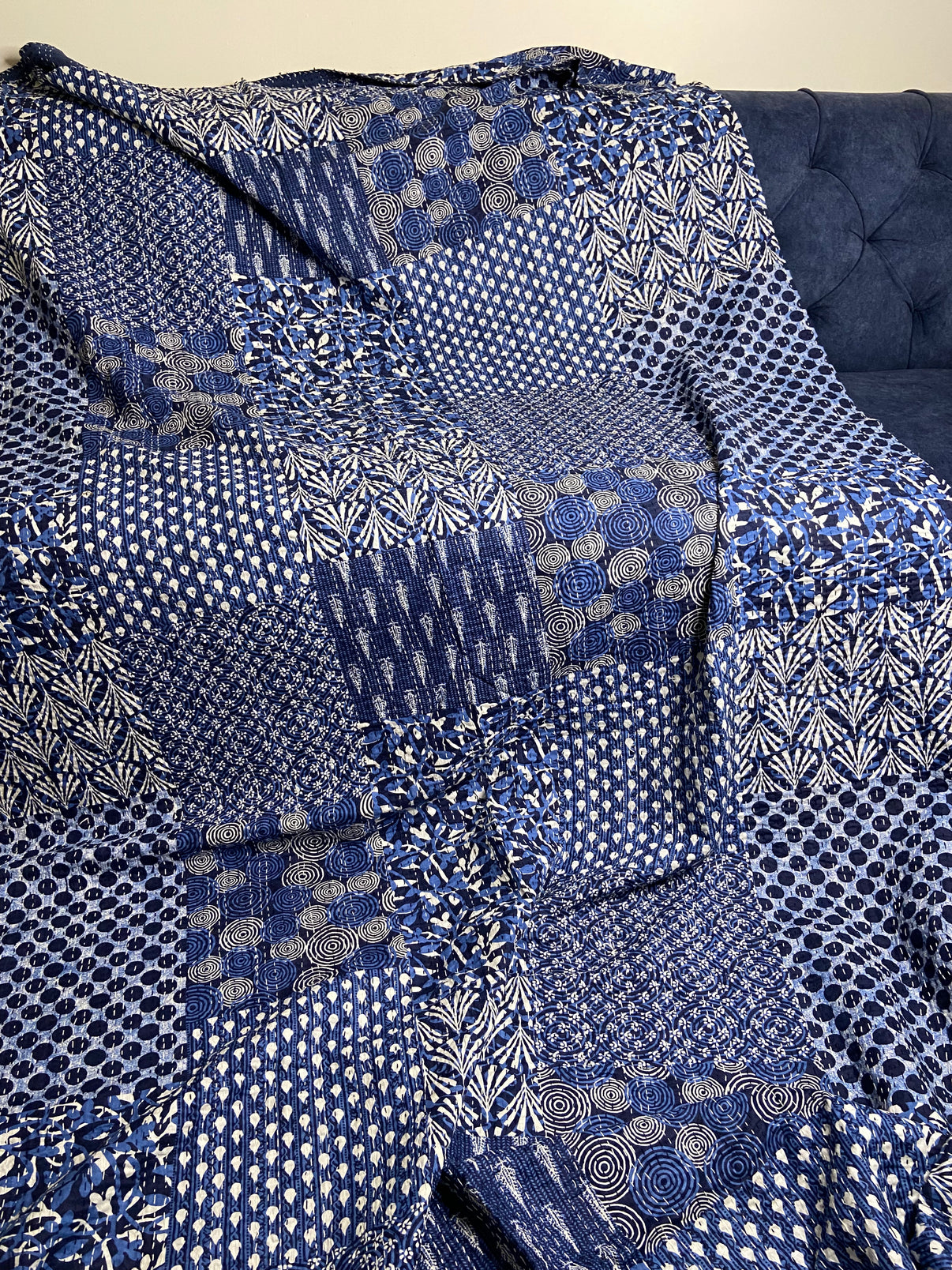 Blue Geometric Embroidered Kantha Bedspread - Nakhrro