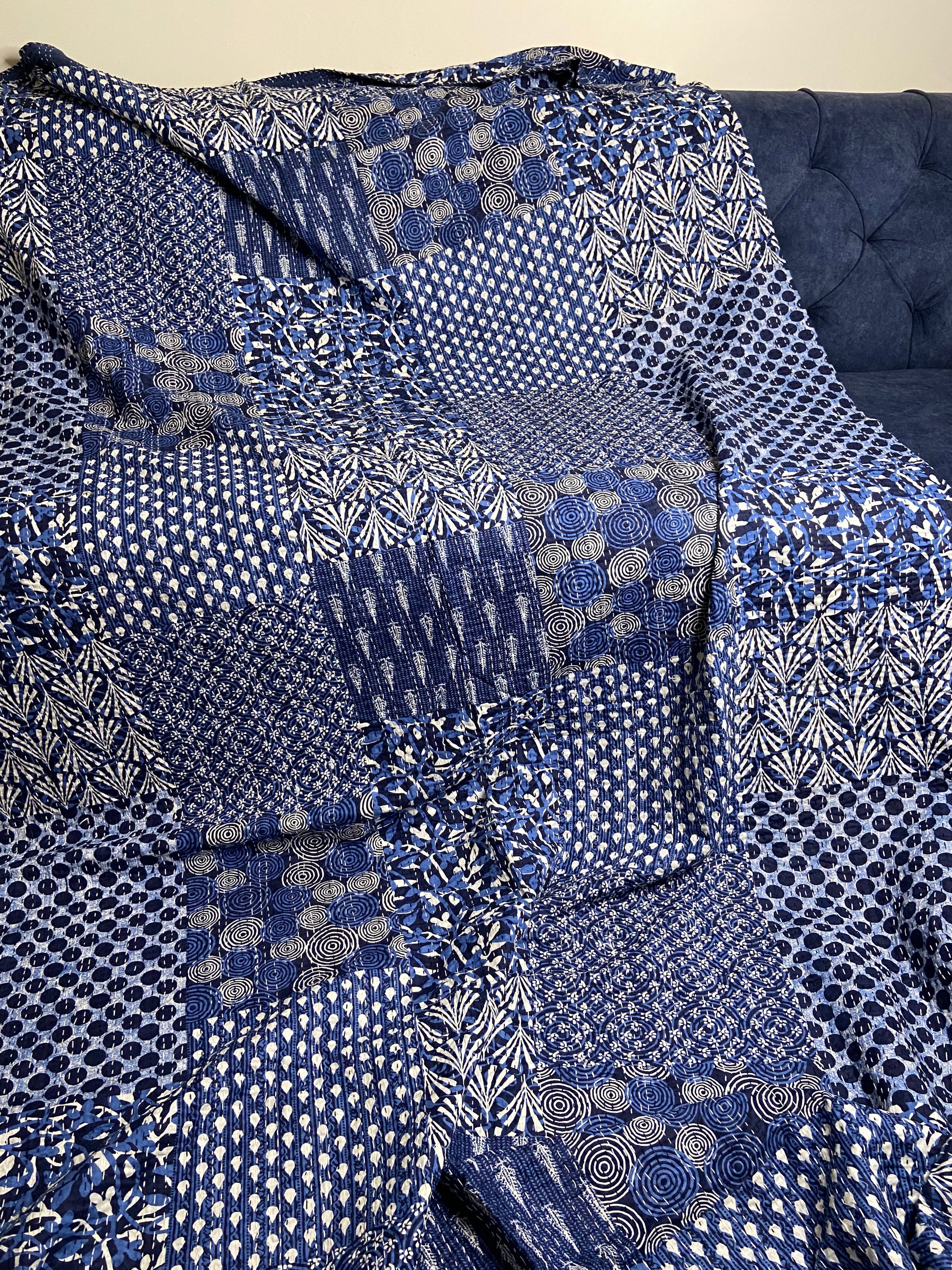 Blue Geometric Embroidered Kantha Bedspread - Nakhrro