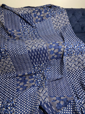 Blue Geometric Embroidered Kantha Bedspread - Nakhrro