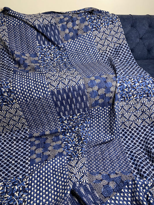 Blue Geometric Embroidered Kantha Bedspread - Nakhrro