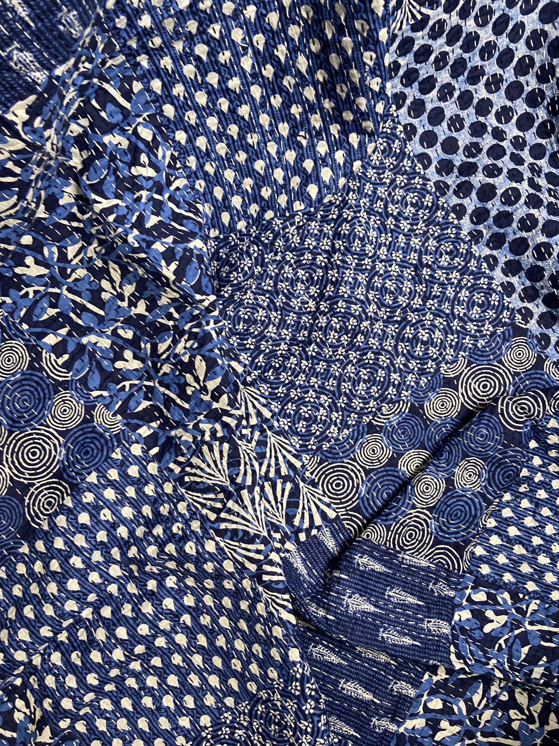 Blue Geometric Embroidered Kantha Bedspread - Nakhrro