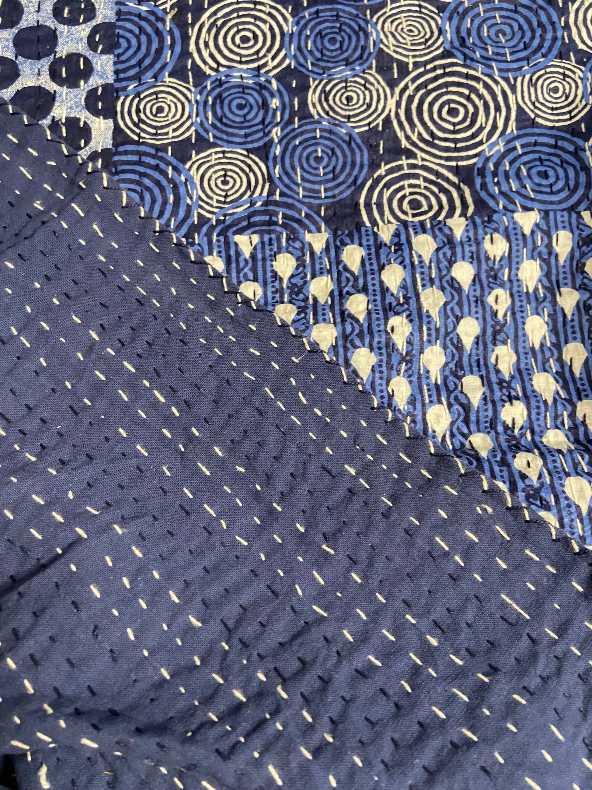 Blue Geometric Embroidered Kantha Bedspread - Nakhrro