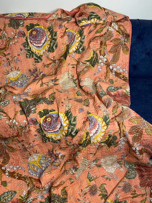Peach Floral Embroidered King Size Kantha Bedspread - Nakhrro