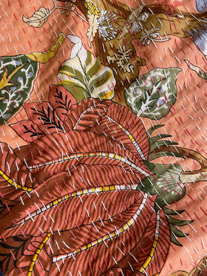 Peach Floral Embroidered King Size Kantha Bedspread - Nakhrro