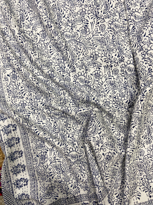 Indigo Floral Single Bed Queen Hand Embroidered Dohar - Nakhrro