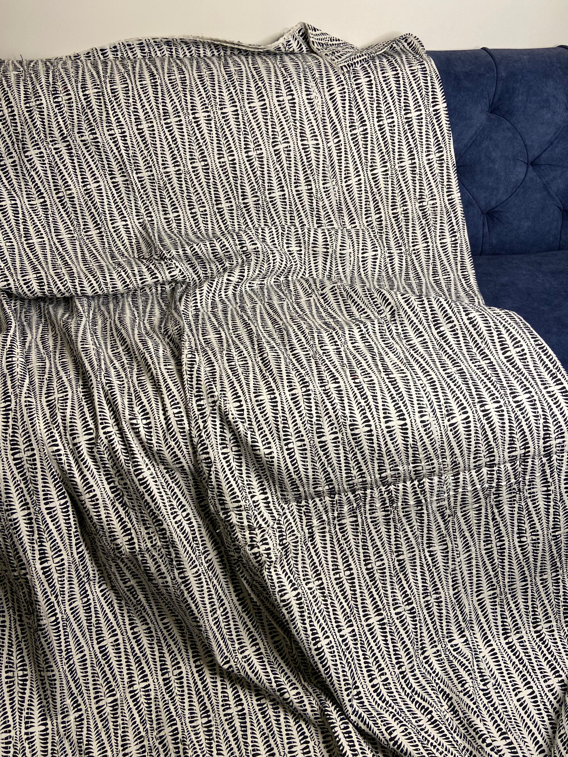Black & White Minimal Embroidered King Size Kantha Bedspread - Nakhrro