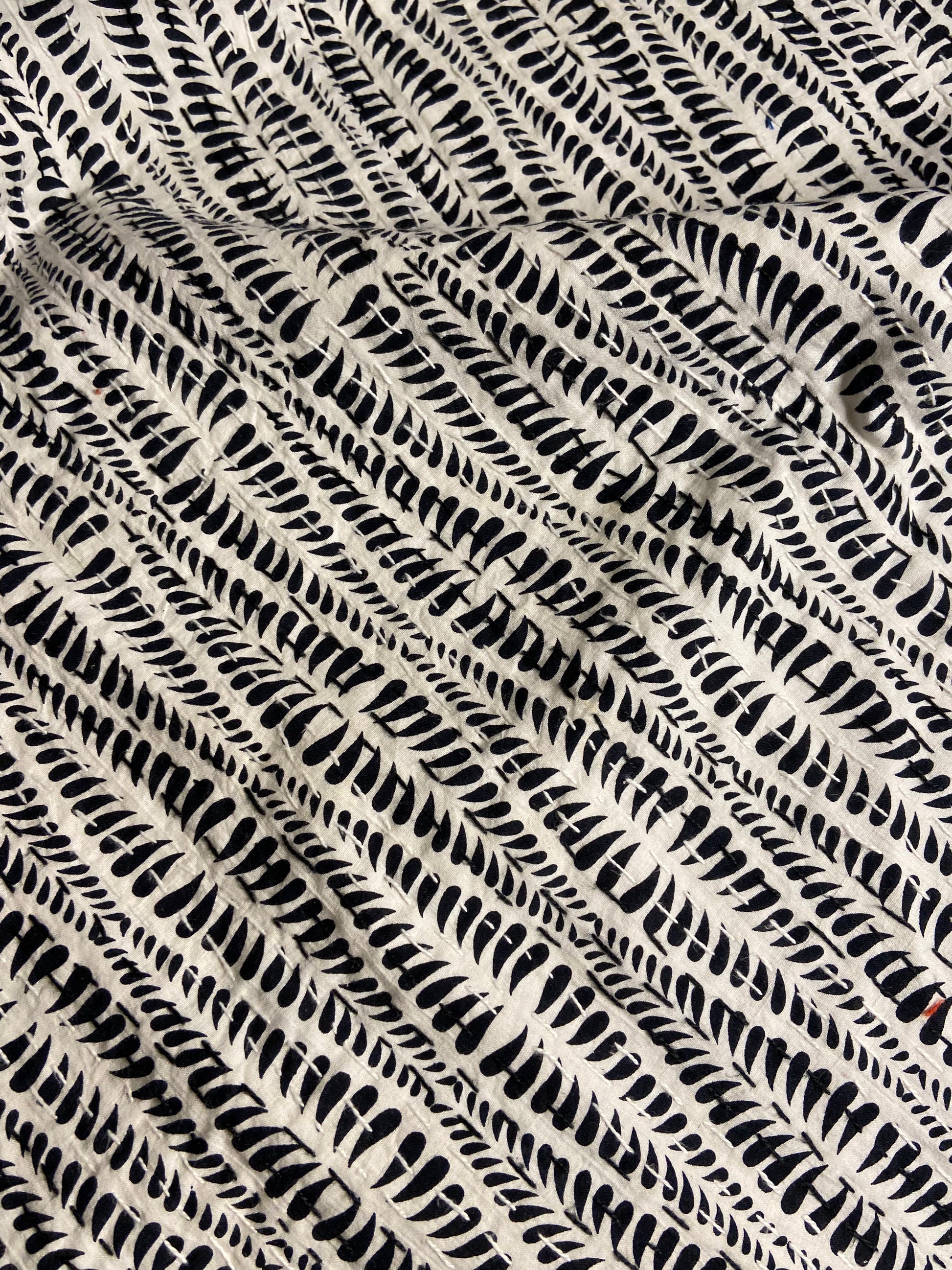 Black & White Minimal Embroidered King Size Kantha Bedspread - Nakhrro